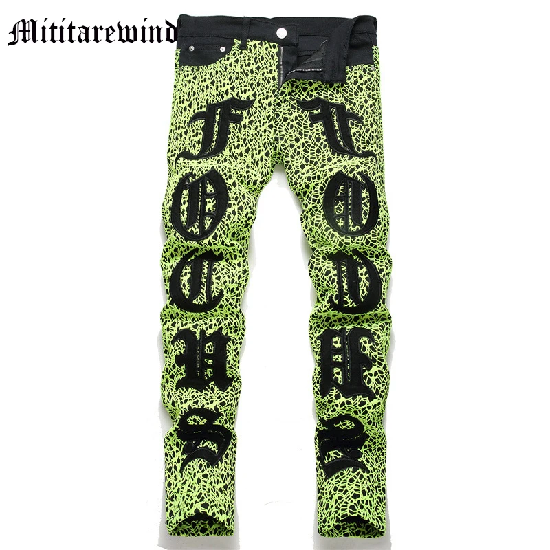 

Summer Autumn New Spider Web Letter Patches Men's Jeans Green High Street Slim Pants Male Embroidery Micro Stretch Trousers Y2k