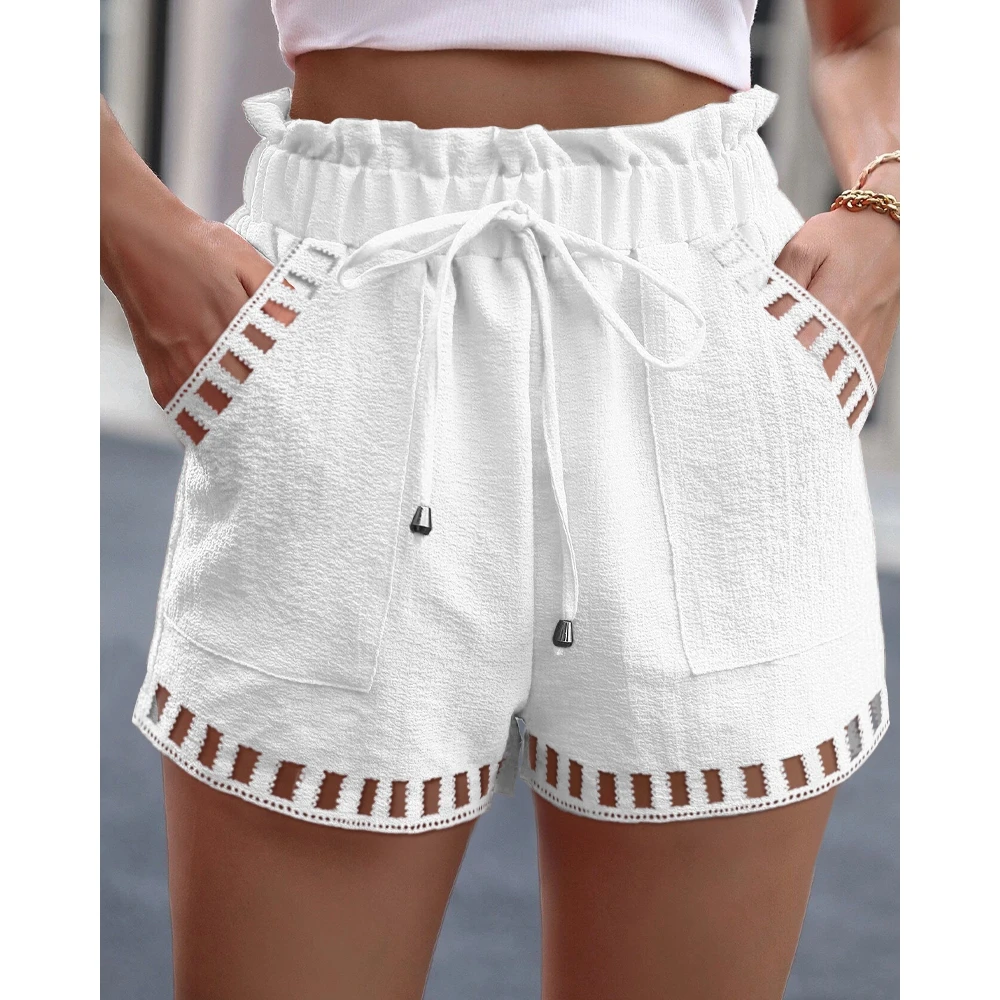 

Women's Hollow Out Drawstring Belted White Shorts 2023 Femme Sexy Skinny Lady Short Bottoms Casual Summer Outfits