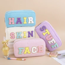 Women Girls Travel Corduroy Chenille Letters Patch Skincare Face Hair Stuff Makeup Cosmetic Bag for Daily Use