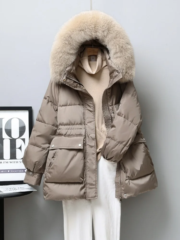 New Women Fox Fur Collar Thick Down Jacket Casual Style Autumn Winter Coats And Parkas Female Outwear