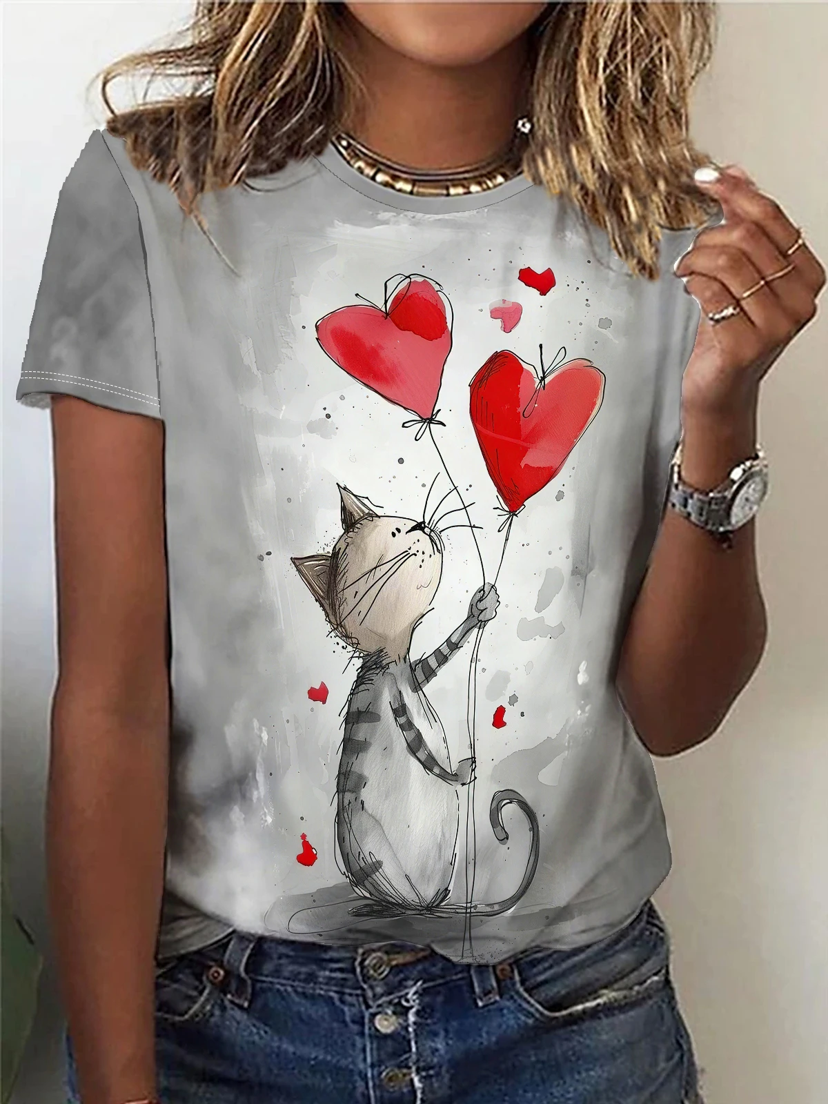 Футболка с принтом кошки повседневный топ круглым вырезом и коротким рукавом для