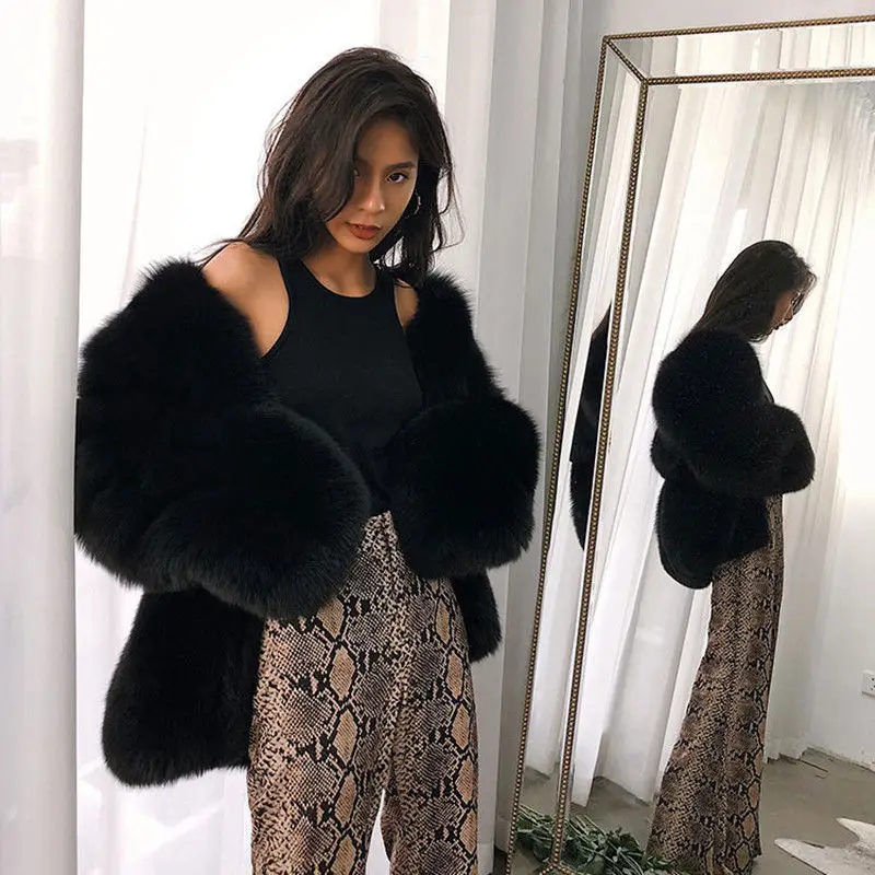 Women's Leather Fur Coat Fox Fur Fur Coat Women's Mid-Length Fur Coat Black Furry Coat Faux Fur Coat