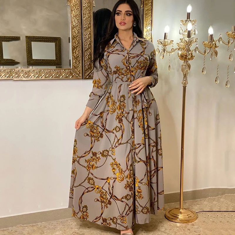 Long Dresses For Muslim Women 2022 Print Turn-down Collar Button Moroccan Arabic Islamic Dubai Ramadan Eid Mubarak Dress Abaya