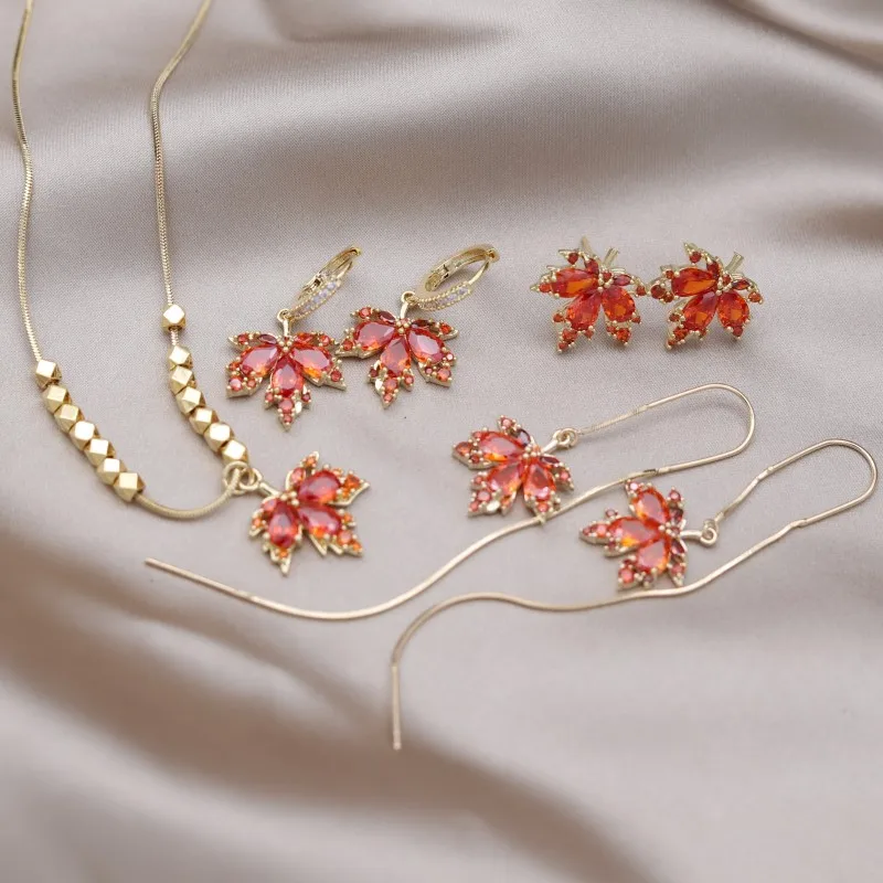 

Korea New Fashion Jewelry 14K Gold plated Orange Zircon Maple Leaf Pendant Earrings Necklace Elegant Women's Party Accessories