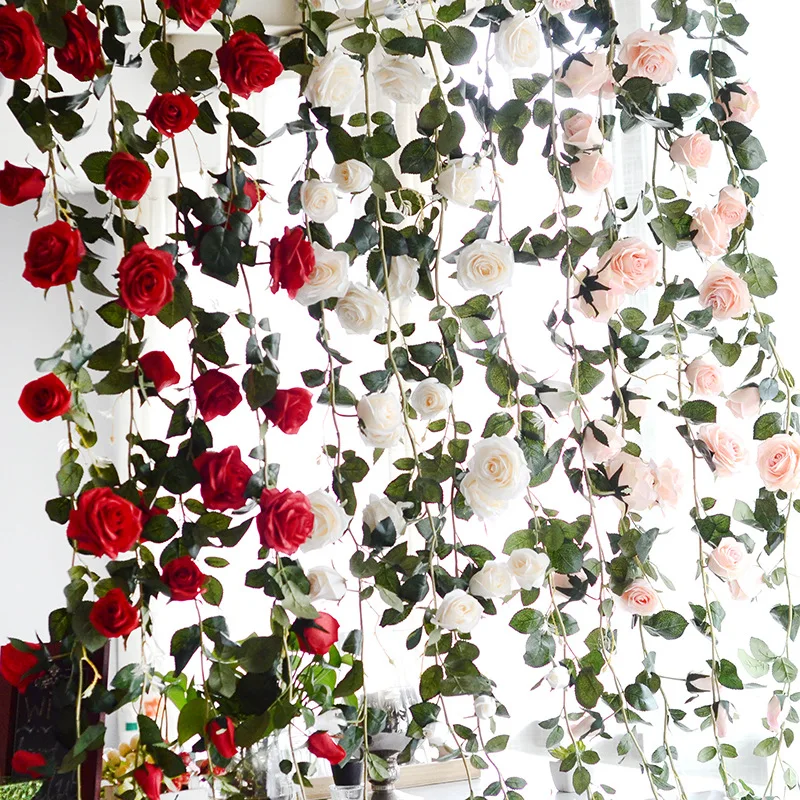 

Artificial Rose flowers rattan Silk Rose Vine Hanging Flowers String decor silk fake garland for wedding home hotel Garden Decor