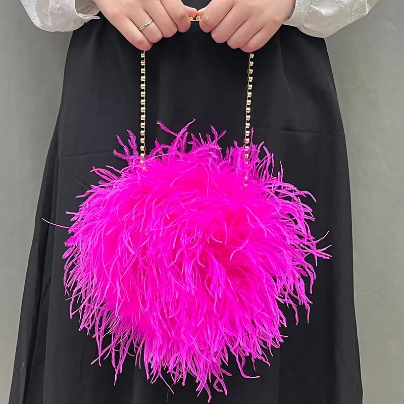 Fluffy Evening Crossbody Ostrich Feather Bags for Women Luxury Brand Purse Handle Handbag Chain Clutch S5459