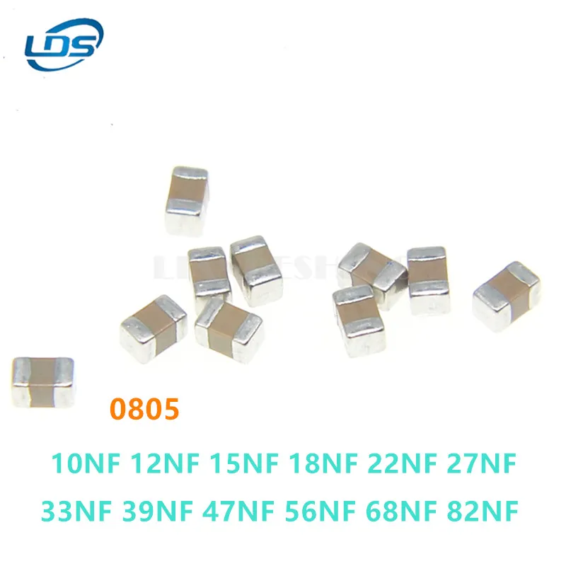 

100pcs SMD Ceramic Capacitor 0805 10nF 12nF 15nF 18nF 20nF 22nF 27nF 33nF 39nF 47nF 56nF 68nF 82nF