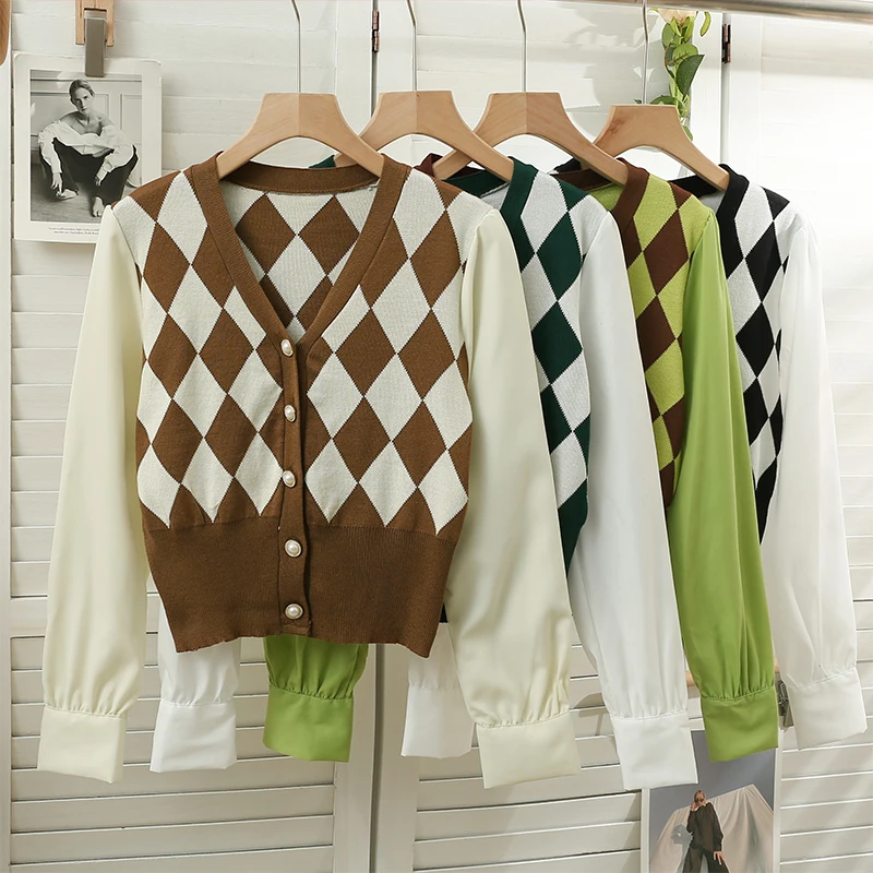 

Argyle Sweater Cropped Knitted Sweaters Women Patchwork Cardigan Femme Long Sleeve Cardigans Autumn Winter Pull Femme Hiver 2022