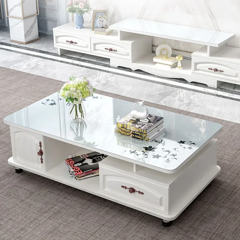 

Rectangle Coffee Cabinet Glass Top Simple Modern Art Design Floor Coffee Table Living Room Storage Bijzettafel Decoration Home