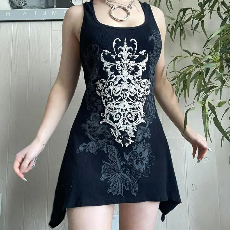 

Combhasaki Women Sexy Y2K Fairy Grunge Summer Sleeveless U Neck Vintage Printed Irregular Hem Retro Harajuku Tank Sundress