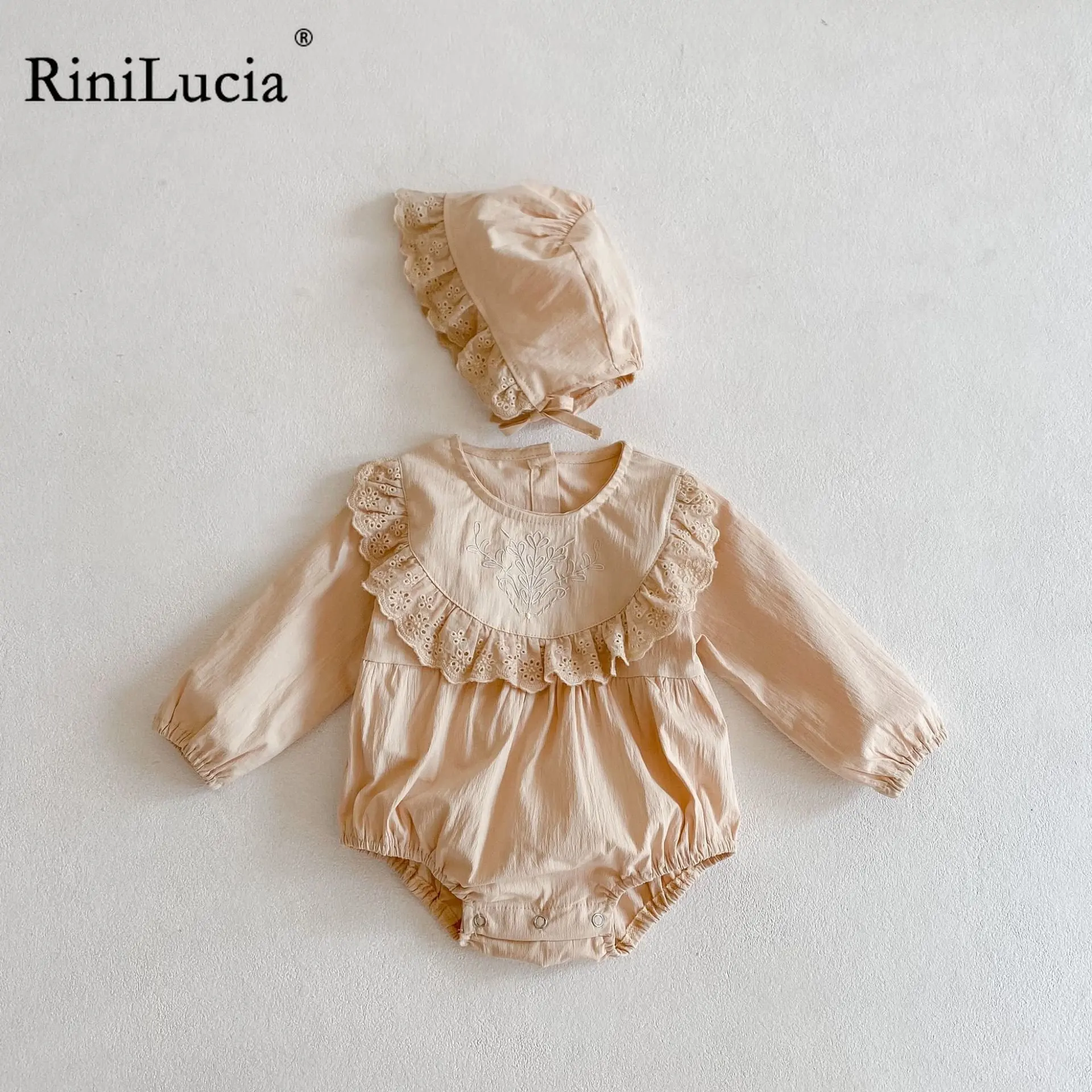 

RiniLucia Spring Summer Baby Romper Girls Hat Lace Ruffles Jumpsuit Infant Floral Embroidery Toddler Children Kids Long Sleeve