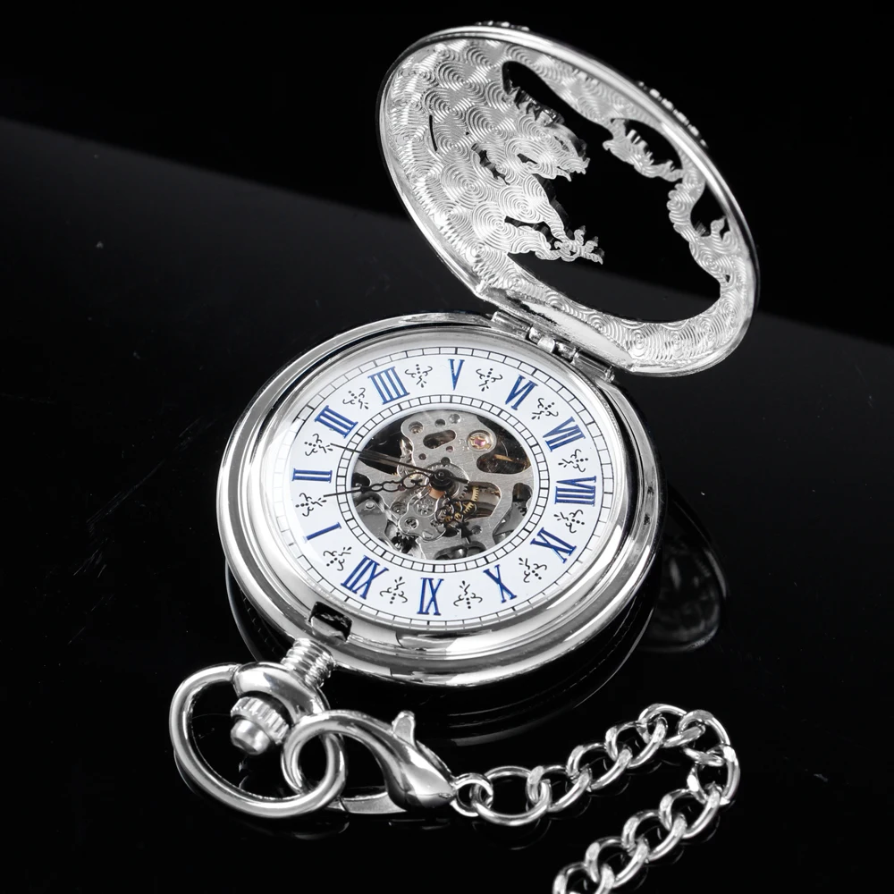 New Silver-White Flying Dragon Sculpture Mechanical Pocket Watch Hollow-Out Case Analog Skeleton Men's Mechanical Pocket Watch
