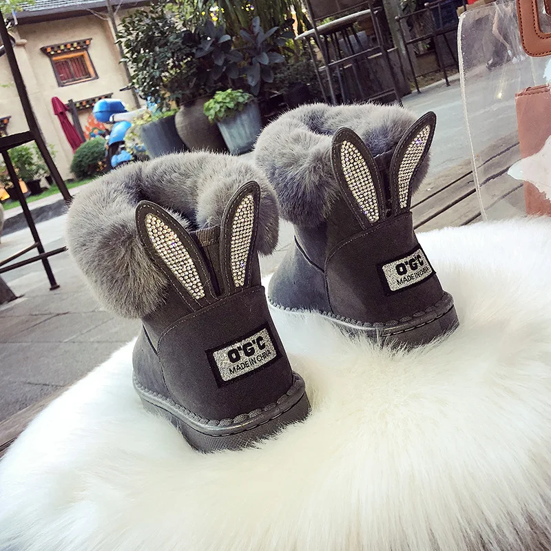 Ahaolee 2022 Fashion Snow Boots Women Winter Warm Sweet Boots Fluffy Hairy Rabbit Ear Middle Calf Platform Flat Ankle Boots
