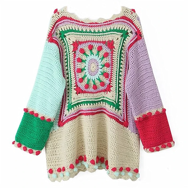 Женский винтажный свитер ручной работы вязаный крючком кардиган контрастных