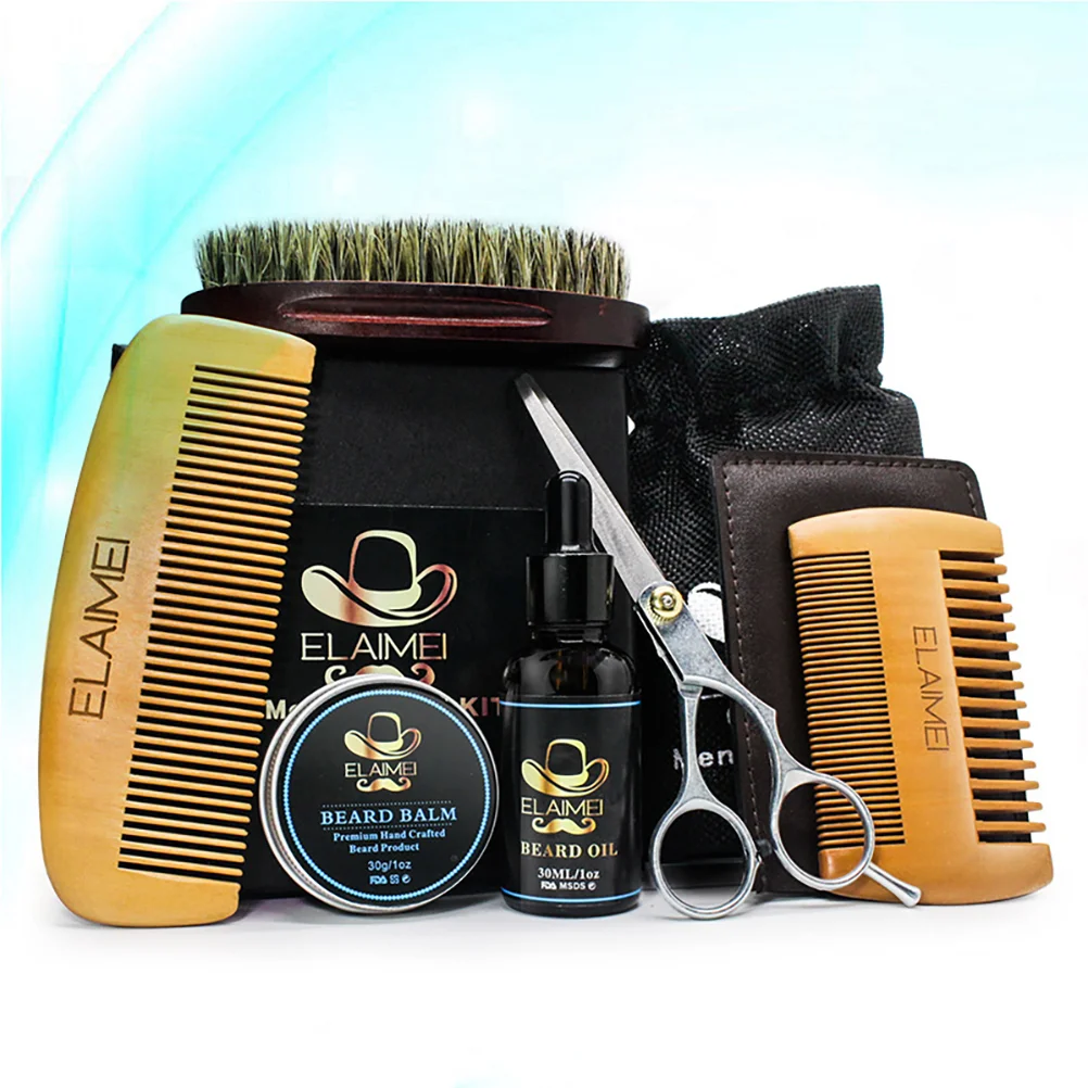 

6pcs Beard Grooming Kit Essential Oil Balm with Scissor Comb Brush for Men Daily Care Random Style