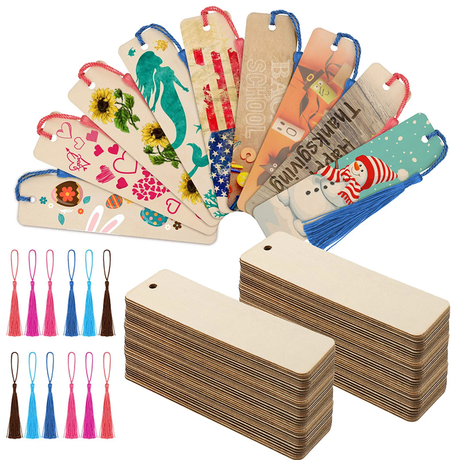 

36Pcs/Set Unfinished Wood Blank Bookmarks Rectangle DIY Wooden Craft Bookmark With 36pcs 6 Colors Tassels Party Decor