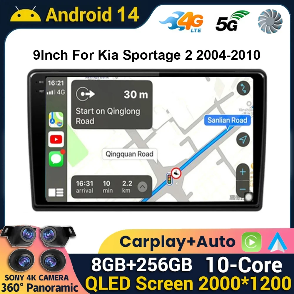 9 &quotAndroid 14 WIFI + 4G беспроводной Carplay авто радио для Kia Sportage 2 2004-2010 мультимедийный