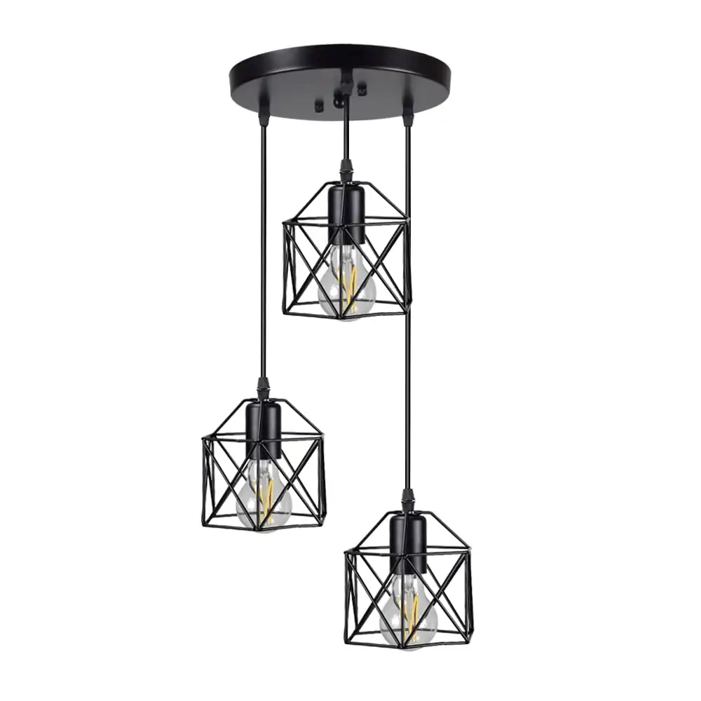 

3-light Industrial Pendant Lighting Fixture with Black Metal Cage Shade Adjustable Hanging for Kitchen Dining Room Hallway E26 B