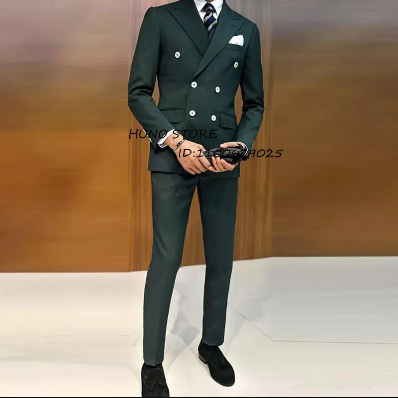 

Men's Suits Customized Slim Double Breasted Lapel Collar Tuxedo Suit Wedding Groomsmen Party Dark Green Male Blazer 2-Piece Set