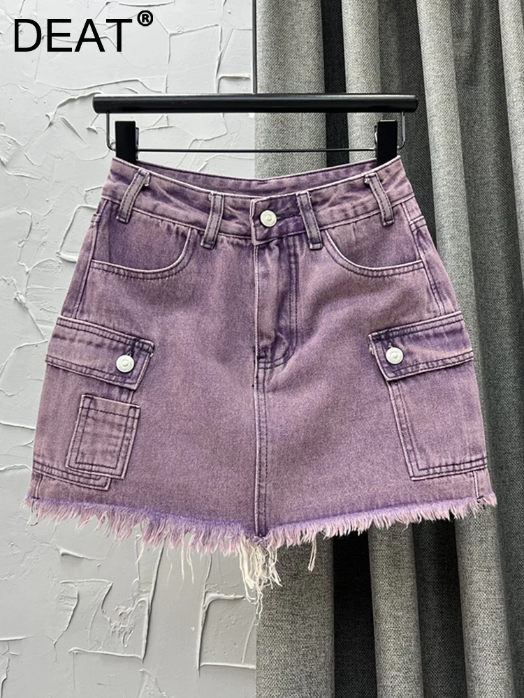 

DEAT Women Denim Skirt High Waist Solid Color Burrs Big Pockets A-line Wrap Hip Mini Skirts 2023 Summer New Fashion 29L1099