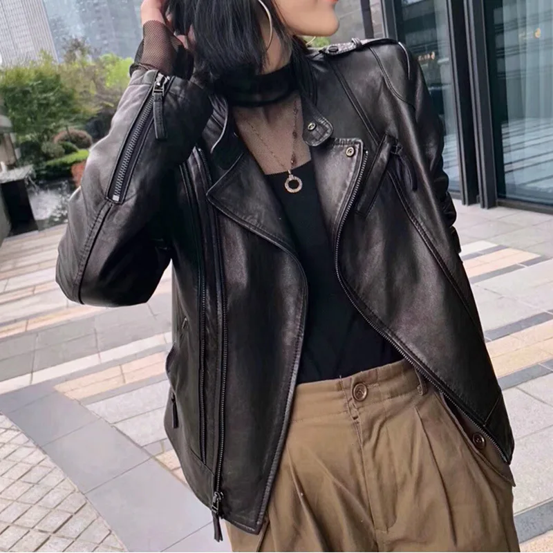 

autumn Fashion new Leather Jacket Women's short spring and autumn new versatile Korean locomotive sheep leather jacket2023
