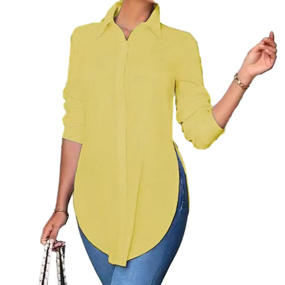 

Top Women Shirt Lapel Long Sleeve Shirt Tops Side Split Asymmetrical Hem Solid Color Single Breasted Casual Tunic Shirt Workwear