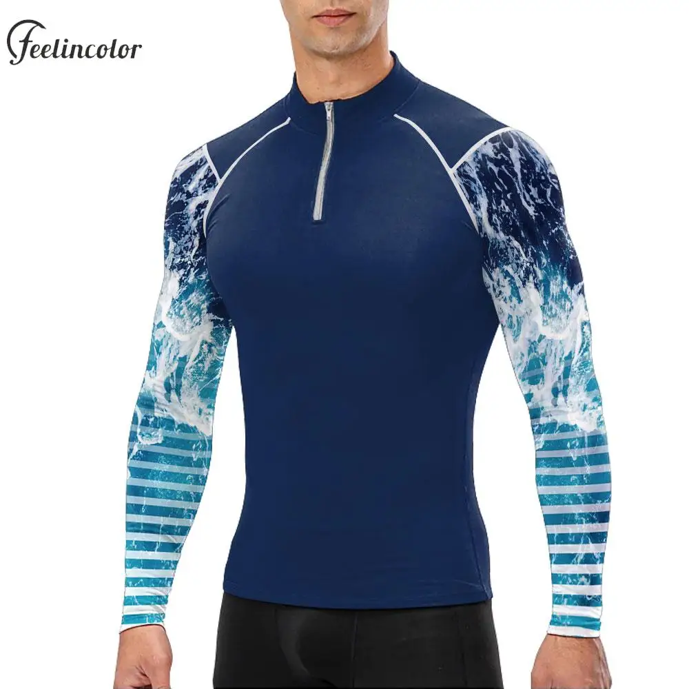 Long Sleeves UPF 50 Surf T-shirt for Men Travel Beach Surfing Tee Quick Dry Compression Shrts Zip Up Elastic Outdoor Sportwears