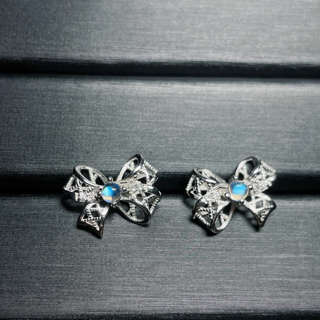

2023 New S925 Sterling Silver Pure Natural Indian Moonlight Stone Earrings, Bow Tie Earrings, No Optimized Main Stone