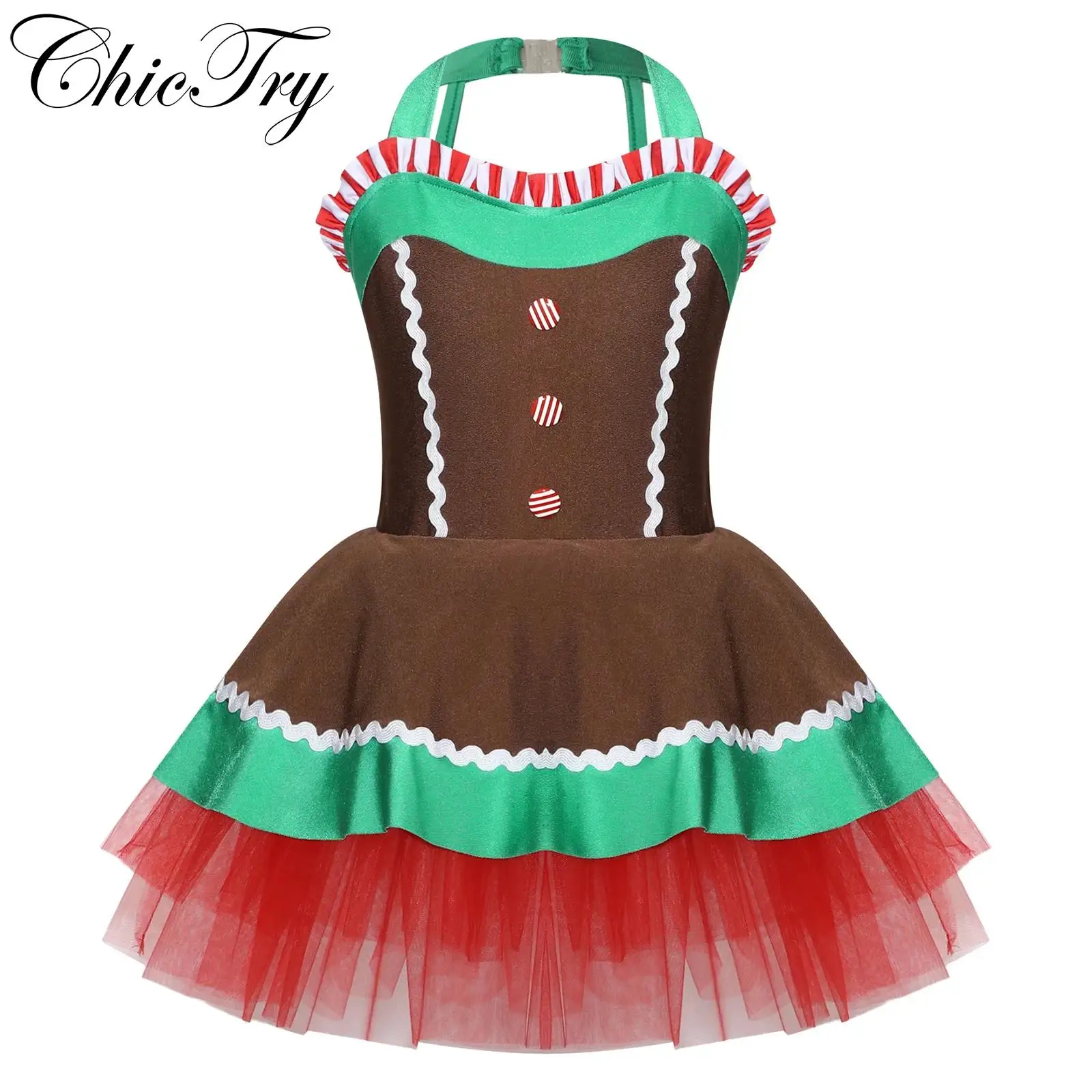 

Kids Girls Christmas Gingerbread Man Costume New Year Santa Sleeveless Tutu Leotard Dress for Halloween Cosplay Dress Up Party