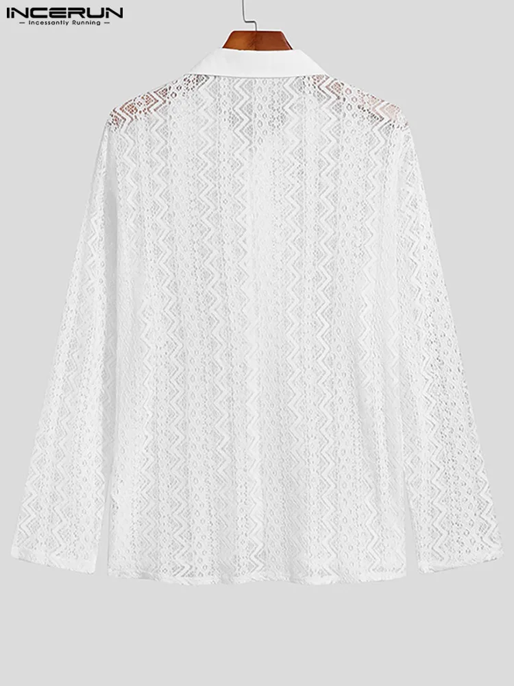 Party Nightclub Men's Ruffled Hollow Lace Blouse Stylish Male See-through Lapel Long-sleeved Thin Shirts S-5XL INCERUN Tops 2022