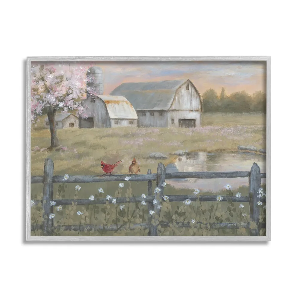 

Stupell Industries Blossoming Trees Birds Perched Country Farm Fence Painting Gray Framed Art Print Wall Art Home Decorations