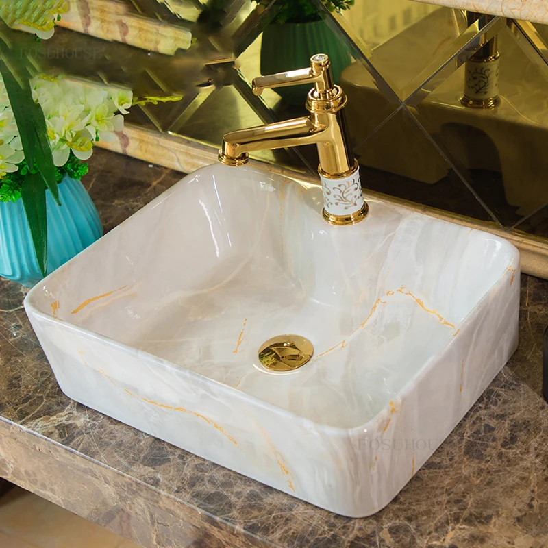 

Ceramic Bathroom Sinks Household Above Counter Basin Square Nordic Art Wash Basin Creative Senior Washing Sink Bathroom Fixture