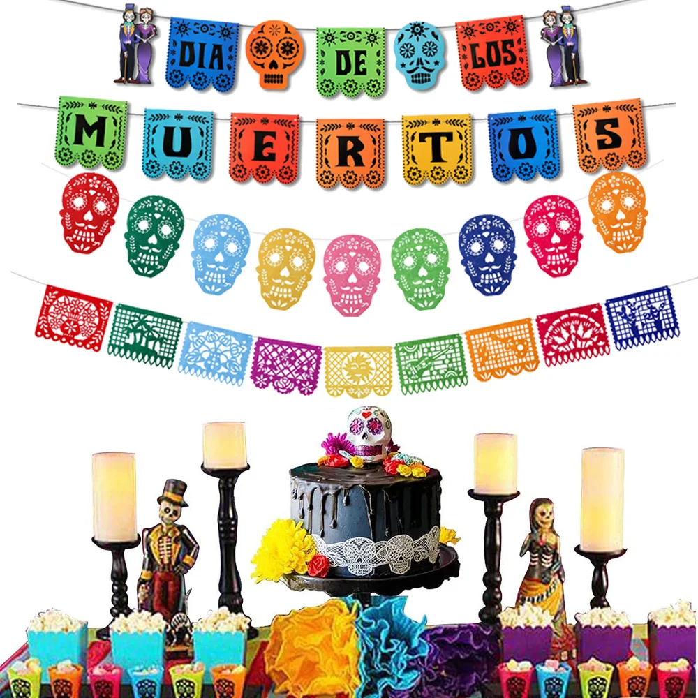 

Mexico Day of The Dead Decorations Banner Sugar Skull Bunting Banner Backdrop Garland for Mexican Dia De Los Muertos Party Favor