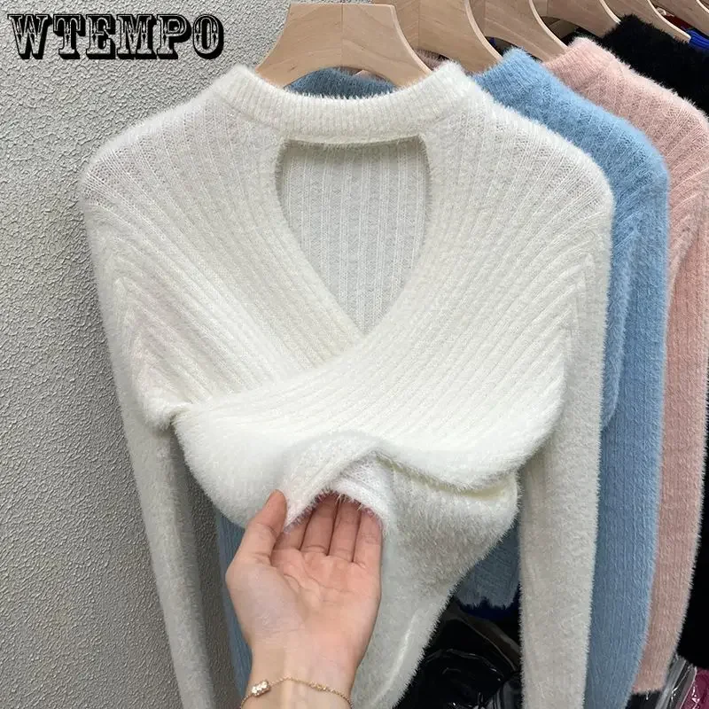 

Mink Fleece Crossover Sweater Knitted Underlay Women's V-neck Hanging Neck Top Drop Shipping