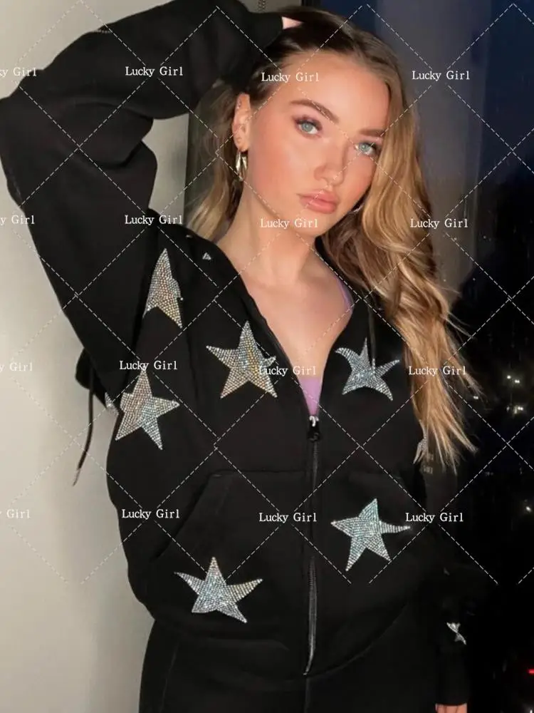 

Vintage Star Graphic Hot Diamond Cardigan Tops Overside Coat Sweatshirt Jacket Y2K hot bead zipper Hoodie Fall Aesthetic Hoodies