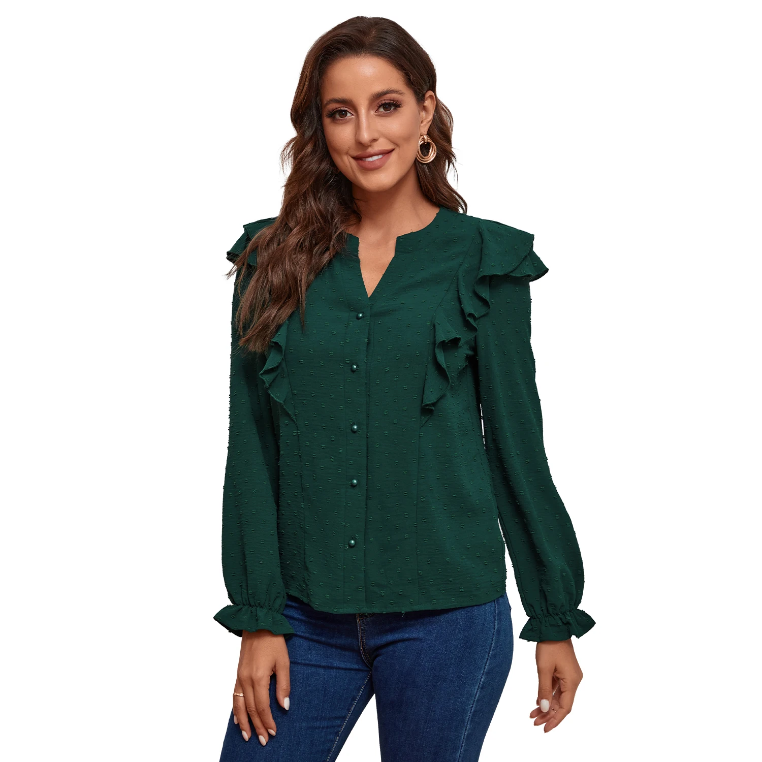 

Women Long Sleeve Blouse Button Up Shirt Ruffle Solid Casual Slim Fit Green Tops Korean Fashion T-Shirt Clohes Spring Autumn