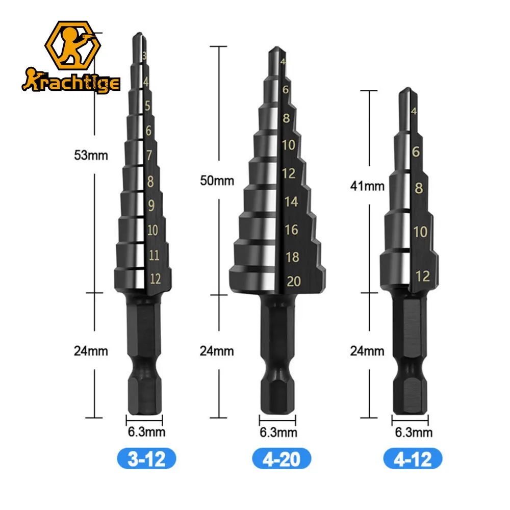 Krachtige 3 Pcs Metric Step Drill Bit Set High Speed Steel Titanium Nitride Step Drill Bit Total 24 Sizes with Case