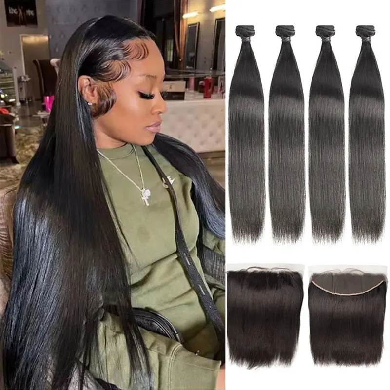 

Bone Straight Human Hair Bundles With Closure Preplucked Remy Hair Lace Frontal Brazilian Hair Weaves Human Hair With Closures