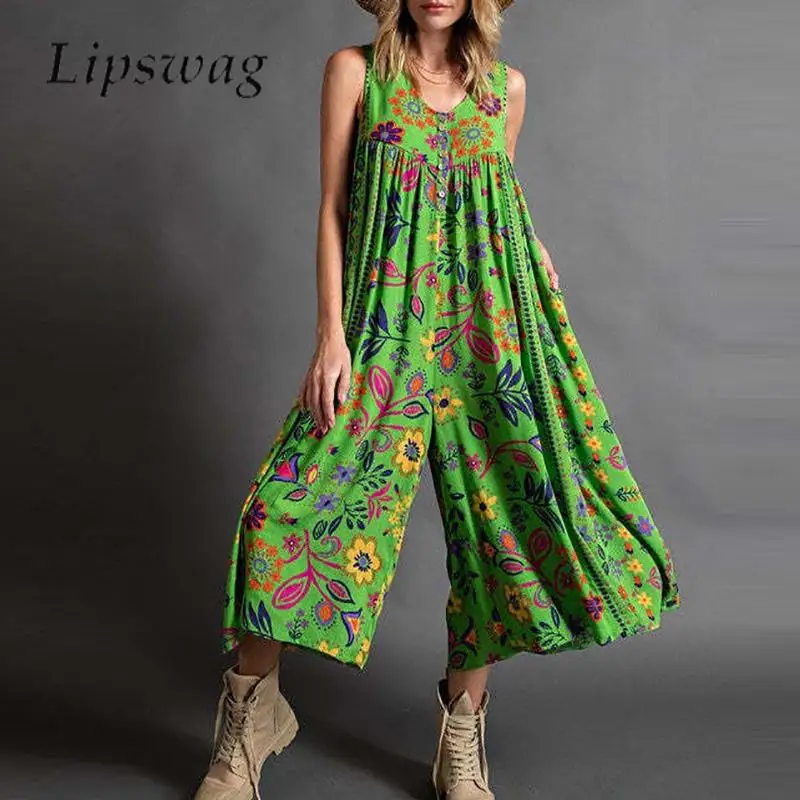 

Summer V Neck Button Loose Wide Leg Pants Romper Casual Women's Printed Pockets One Piece Pants Boho Women's Sleeveless Jumpsuit