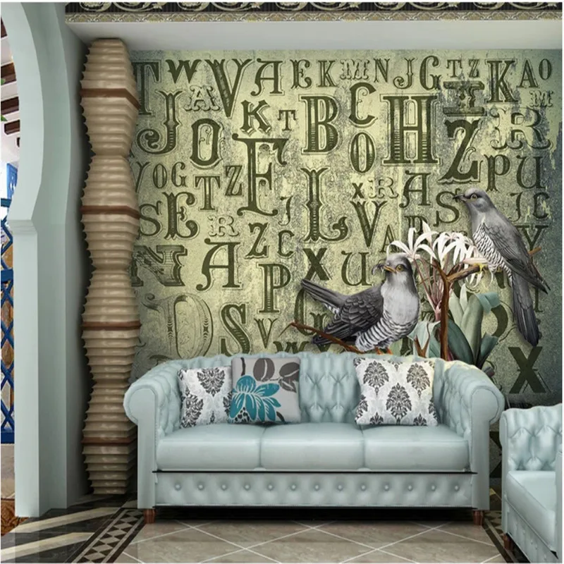 Европейские ностальгические ретро зеленые буквы цветы и роспись в виде птиц обои
