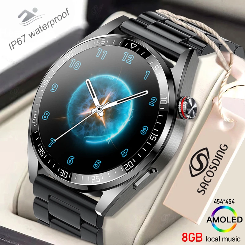 

Новинка 2022, мужские Смарт-часы AMOLED, всегда отображают время, звонки по Bluetooth, музыка, 8 ГБ, карта памяти, спортивные Смарт-часы для Android и ios