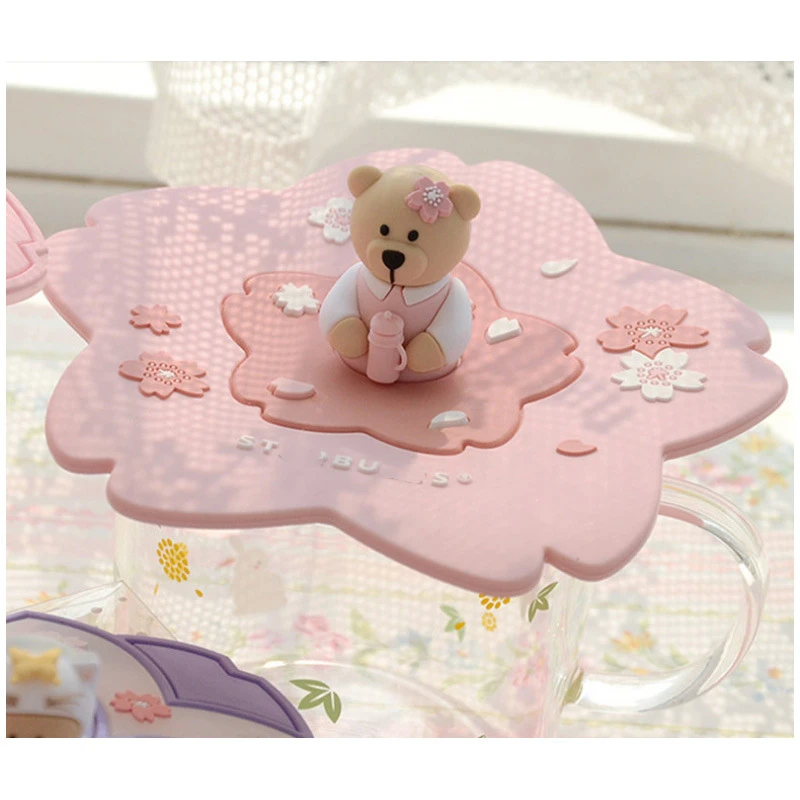 3D милый чехол для чашки мультяшный медведь женский силиконовый с цветами вишни