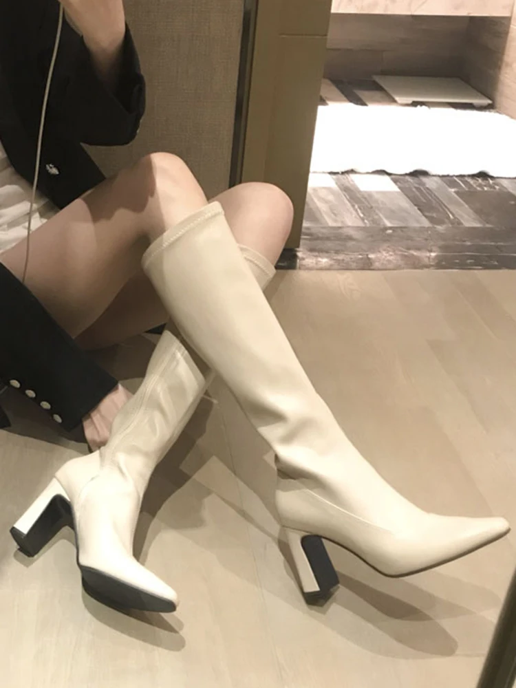 

Knee High Fashion Chelsea Women Boots Winter High Heels Shoes 2022 New Thick Sexy Party Pumps PU Leather Motorcycle High Botas