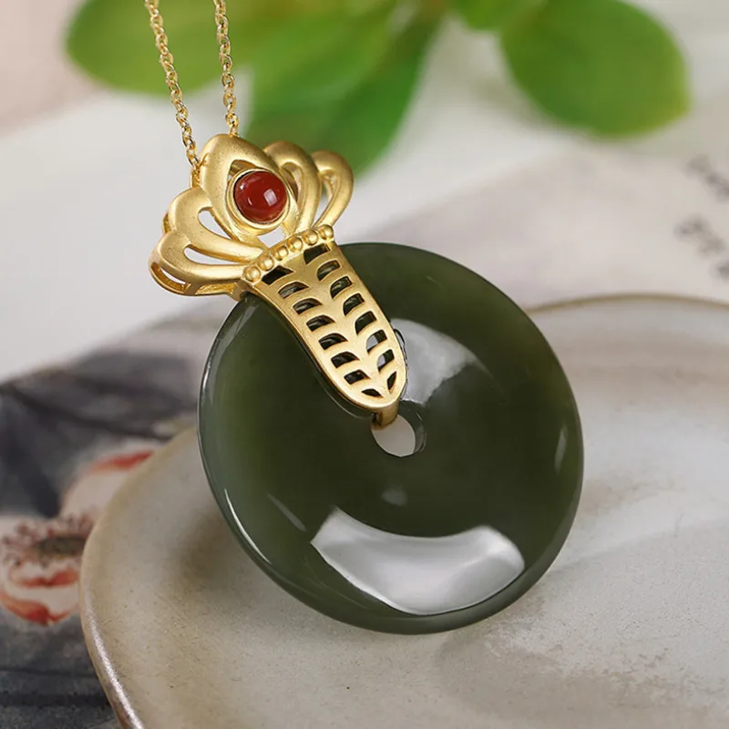 

Uglyless Ethnic Gemstones Buckle Necklaces No Chains Gold Lotus Hollow Pendants for Women Nature Jade Vintage Jewelry 925 Silver