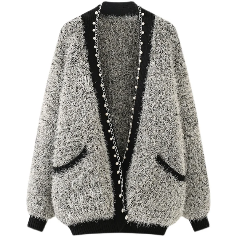 

Early Spring V-neck Beaded Knitted Cardigan Coat for Women 2022 New Loose Solid Single-breasted Long Sleeve Sweater Outerwear