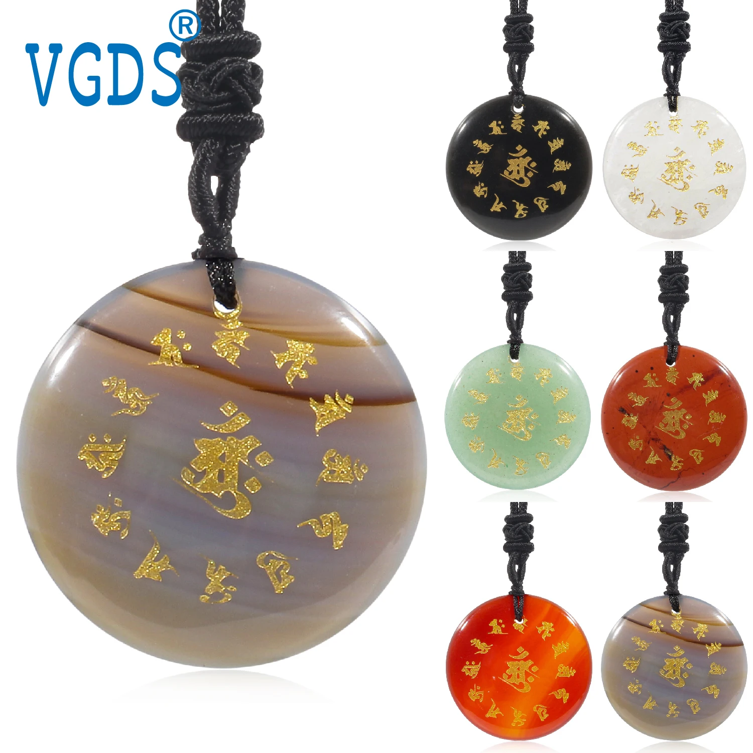 

VGDS Natural Crystal Quartz Gemstone Buddhism 13Sanskrit Seed Script Mantra Symbol Pendants Health Bless Protect Energy Necklace