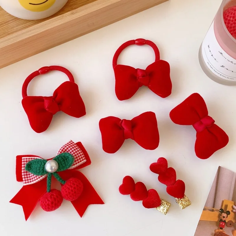

Fashion Red Bow Hair Clips for Girls Women Barrettes Sweet Lovely New Year Heart Knitted Cherry Headwear Barrette Cheveux Fille