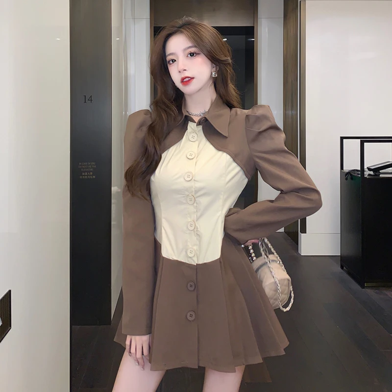 

Модное дизайнерское весеннее платье-рубашка из двух частей, шикарное женское однобортное Плиссированное мини-платье с отложным воротником...