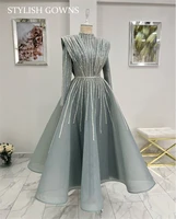 grey satin muslim beaded evening dresses 2022 long sleeve moroccan caftan high neck formal party ball gown robe de soiree