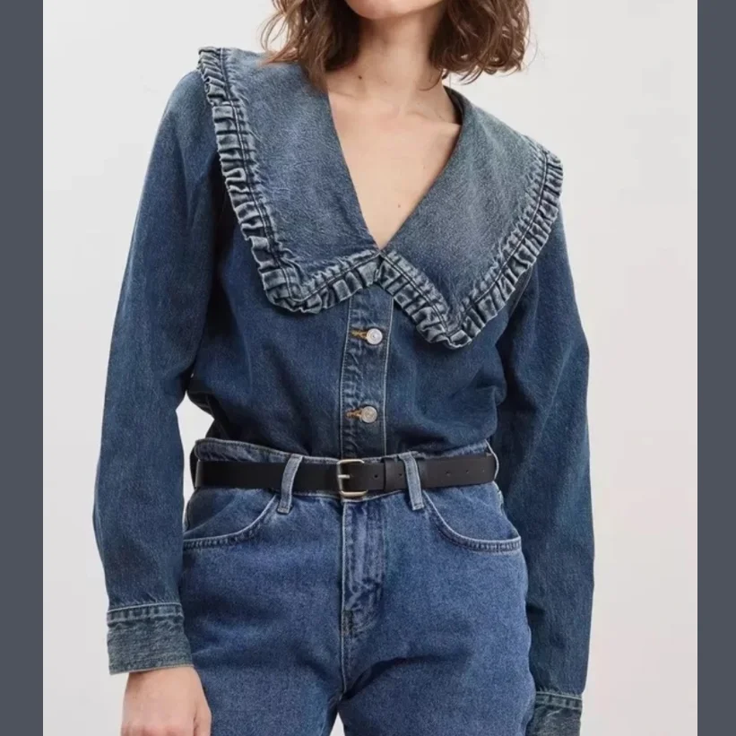 

Women Blouse Blue Denim Women Top Button Up Shirt